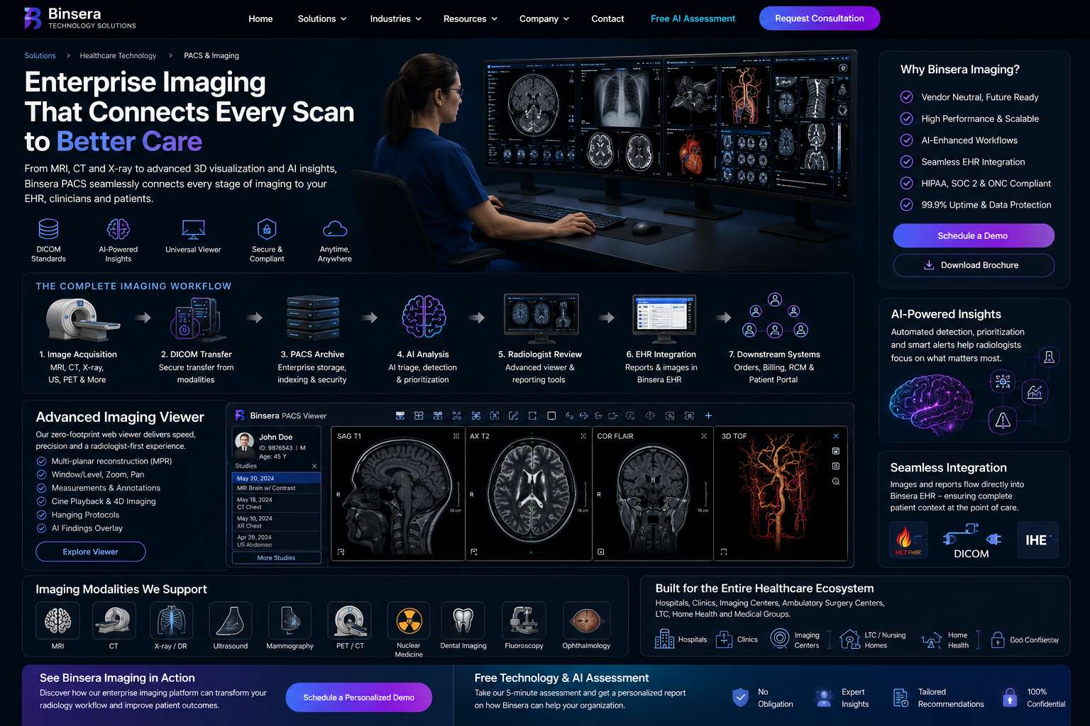 Binsera PACS imaging viewer demonstration with MRI, CT, X-ray, 3D visualization and healthcare workflow panels