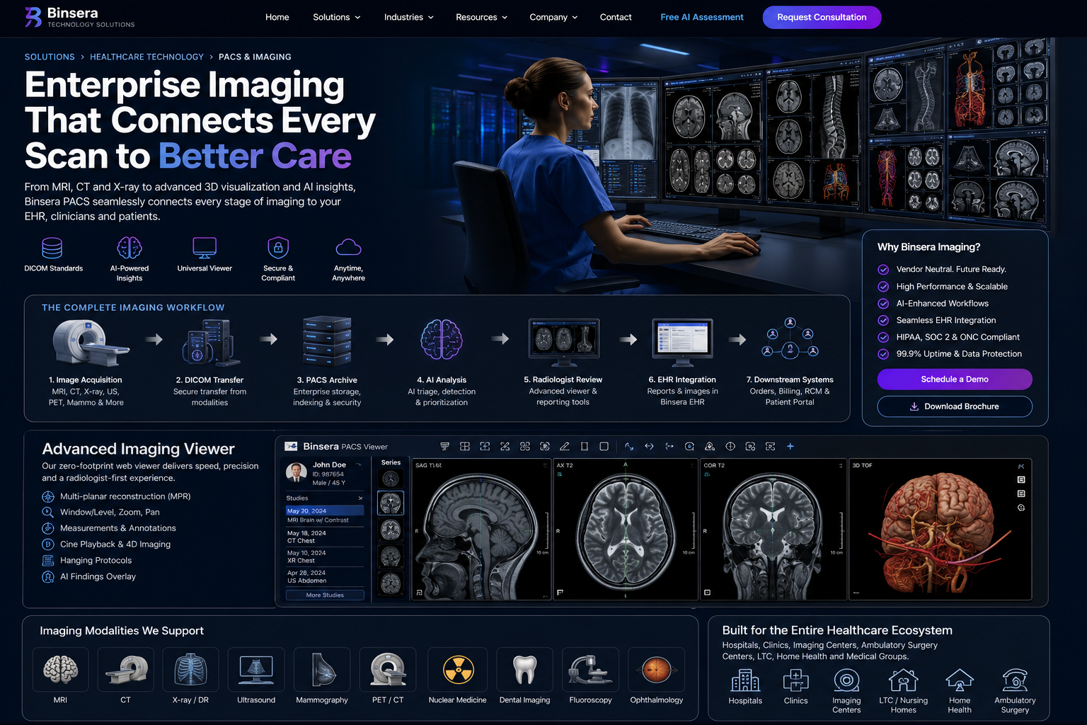 Radiology workstation showing MRI, CT, X-ray and 3D imaging views in an enterprise PACS environment